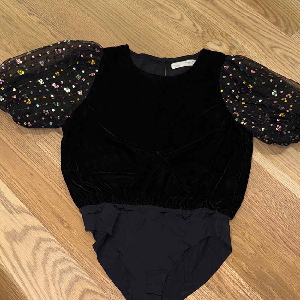 Zara Black Velvet Bodysuit with Sequin Sleeves